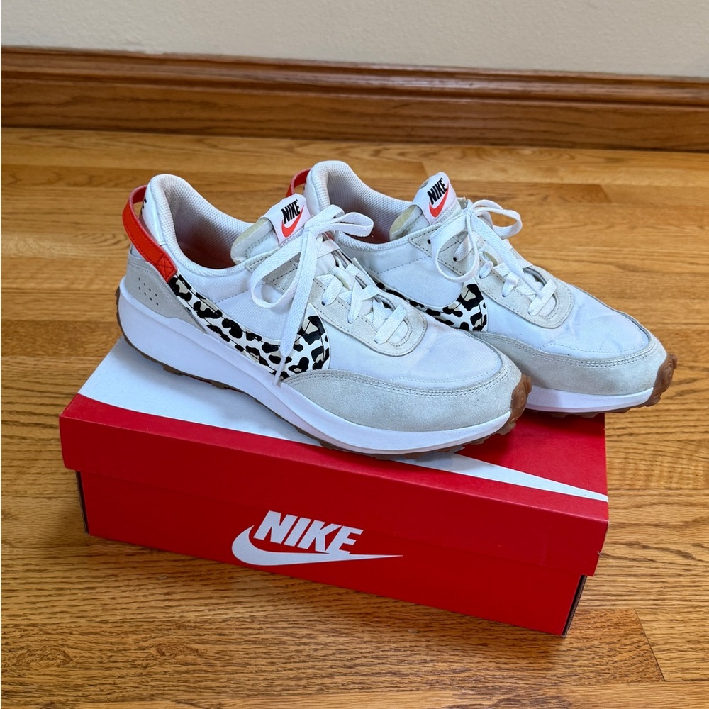 Nike White Sneakers with Leopard and Red Accents